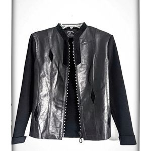 Zingzing genuine leather jacket pockets rhinestones zipper ribbed back sleeves